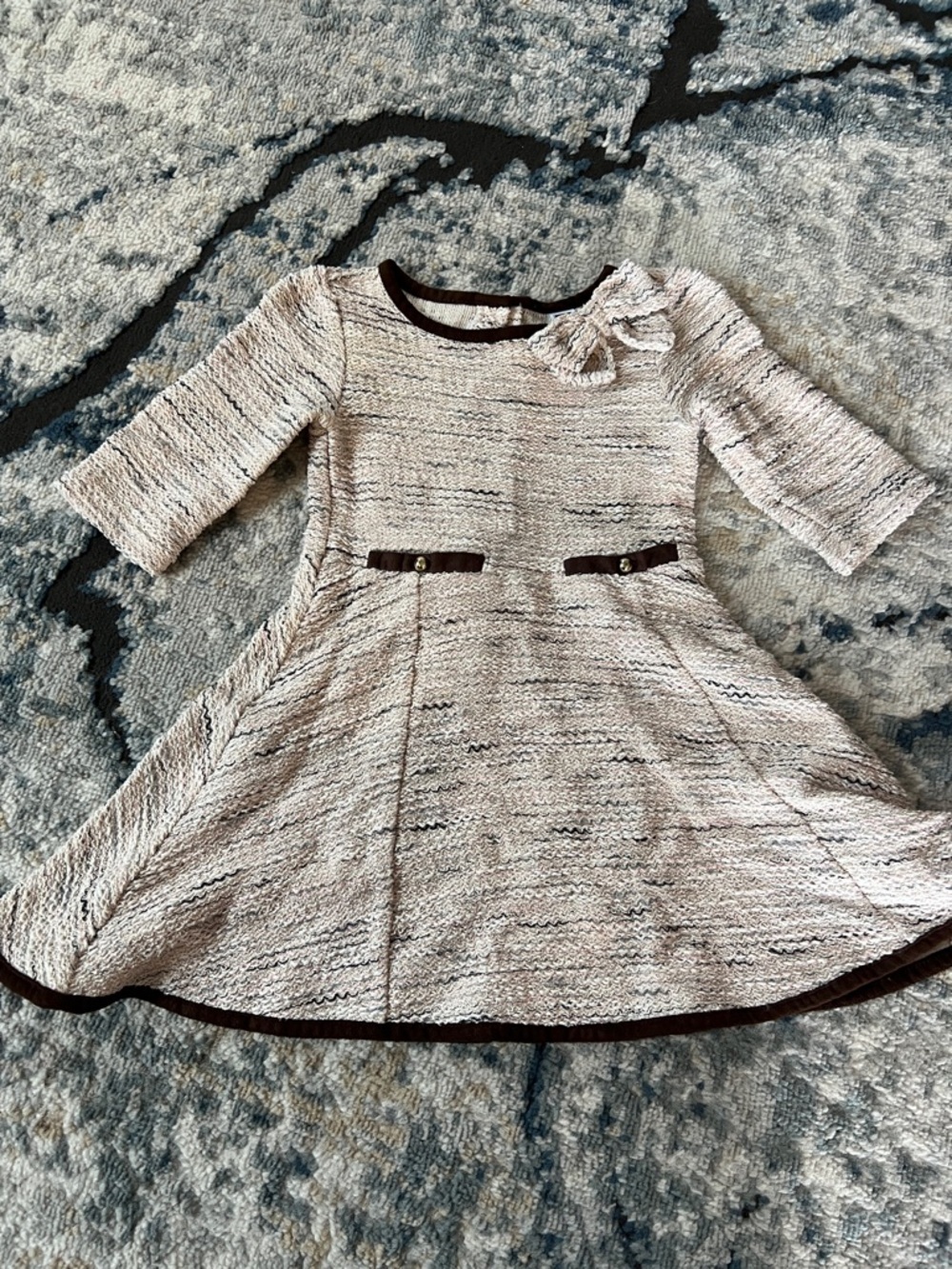 Janie and Jack Cream Knit Dress with Brown Trim and Bow